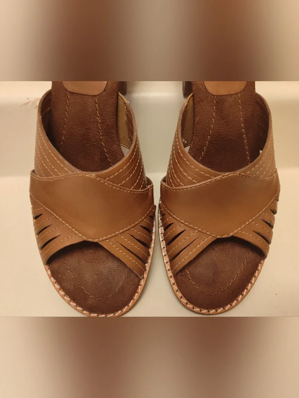 Women's Bandolino Brown Leather Boho Heel Sandals Size 7.5